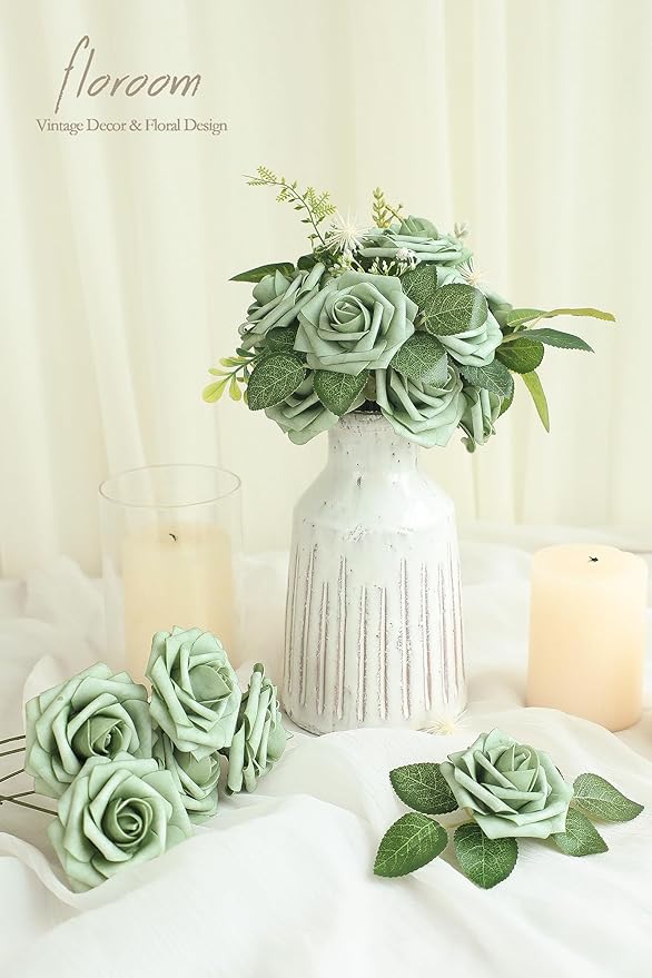Floroom Artificial Flowers 25pcs Real Looking Elf Green Foam Fake Roses - Image 2