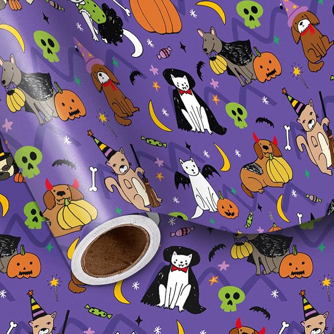 LeZakaa Halloween Purple Animal Wrapping Paper Roll, Cat Dog in Halloween by LeZakaa