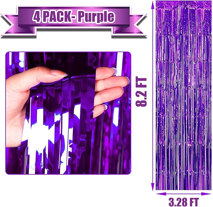 4 Pack Purple Foil Fringe Curtain Backdrop, 3.28Ft x 8.2Ft Metallic Tinsel Foil - Image 2