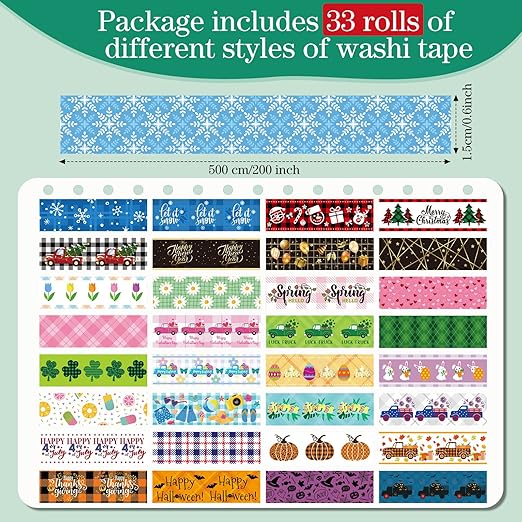 TaoBary 33 Rolls Holiday Plaid Washi Tape, 15 mm Seasonal Washi Tape Set - Image 2