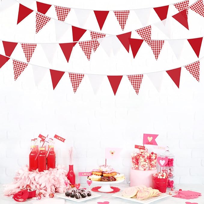 32Ft Red Party Decorations Red Plaid Checkered White Triangle Flag Gingham - Image 3
