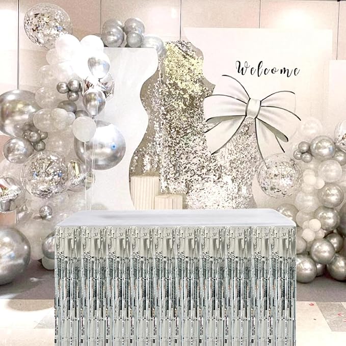 Silver Streamers Party Decorations, 2 Packs Silver Table Skirts Metallic Foil - Image 4
