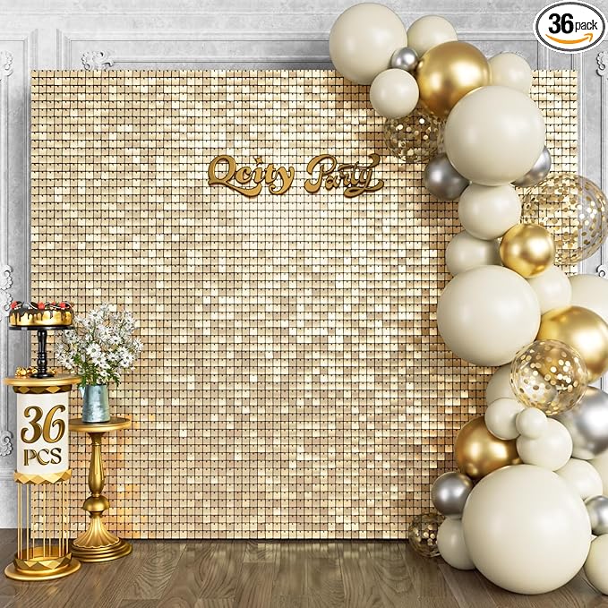 Qcity Champagne Gold Shimmer Wall Backdrop 36PCS, Square Sequin Glitter by QCITY