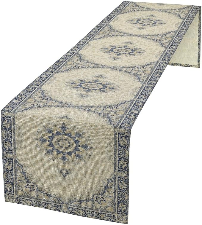 Boho Bohemia Style Table Runner, Vintage Blue Gold Retro Flower Rustic Country by Unknown