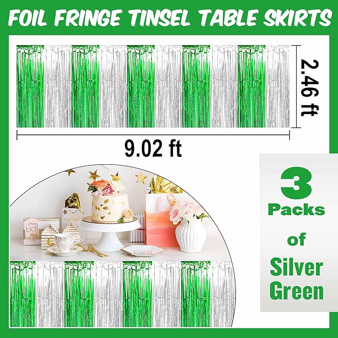 3 Pack 29 x108 Inch Silver Green Foil Fringe Table Skirts Metallic Banner - Image 3
