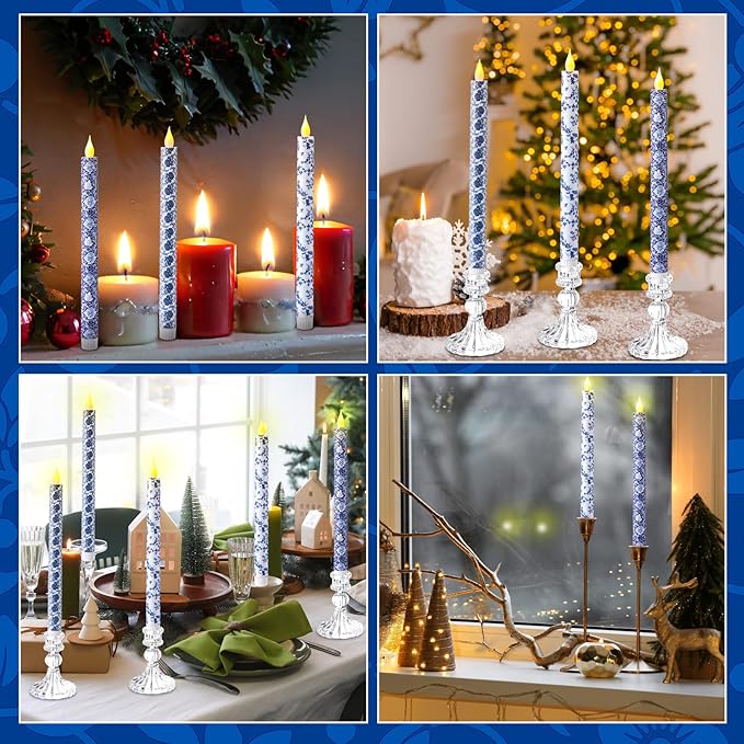 Baquler 6 Pcs Christmas Chinoiserie Flameless Candles 10.6 Inch Blue and White - Image 6