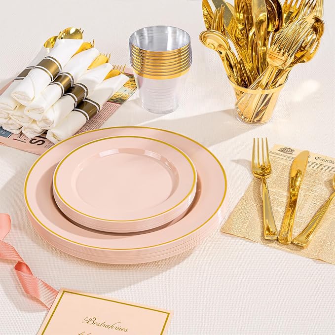 SUT 175 Pcs Pink and Gold Plastic Dinnerware Set - Image 3