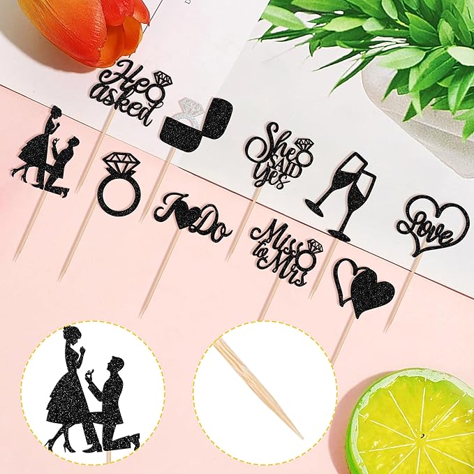 30 PCS He Asked She Said Yes Cupcake Toppers Glitter Engagement Cupcake Toppers - Image 3