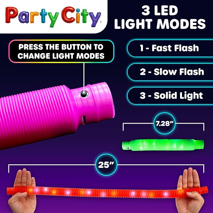 Party City 12pk LED Light Up Pop Tubes 25”- 3 Mode Stretchy Tubes LED Light Up - Image 4