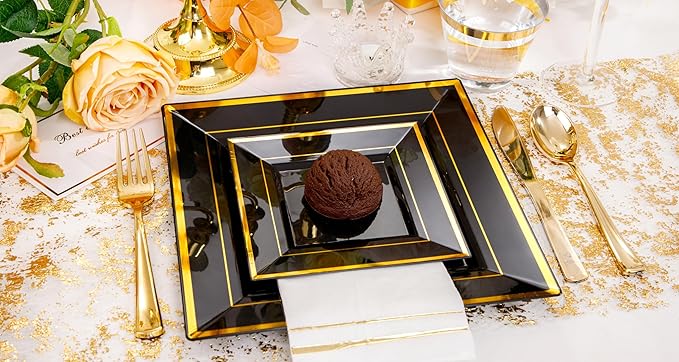 Festiva 350Pcs Black and Gold Plastic Plates-50Guests Disposable Square Black - Image 9