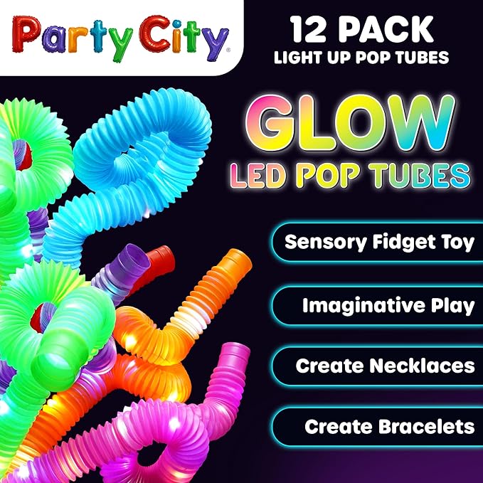 Party City 12pk LED Light Up Pop Tubes 25”- 3 Mode Stretchy Tubes LED Light Up - Image 2