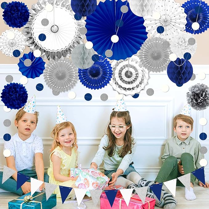 Blue and Sliver Party Decorations, Pom Poms Flowers Packs - Image 7