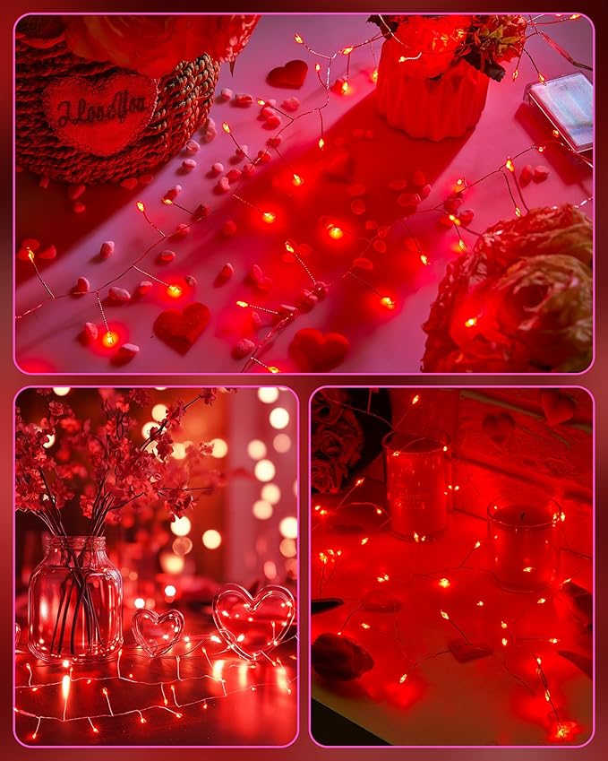 Red Fairy Lights Battery Operated, Valentine's Day Silver Wire 5 Feet 60 Led - Image 6