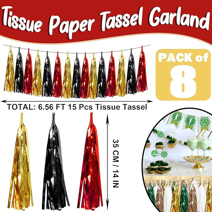 8P Black-Red Gold Foil Fringe Metallic Tassel Garland, Tassels Banner Streamers - Image 2