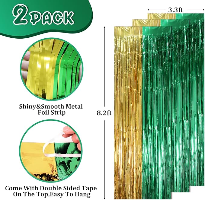 2 Pack Green and Gold Foil Fringe Backdrop Curtains, Tinsel Streamers Party - Image 2