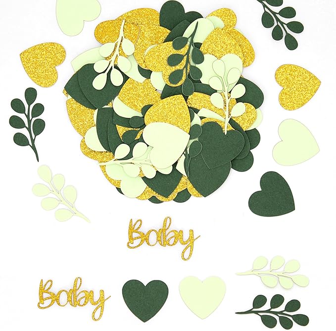 200PC Sage Green Baby Shower Confetti Green Gold Glitter Heart Table Confetti - Image 5