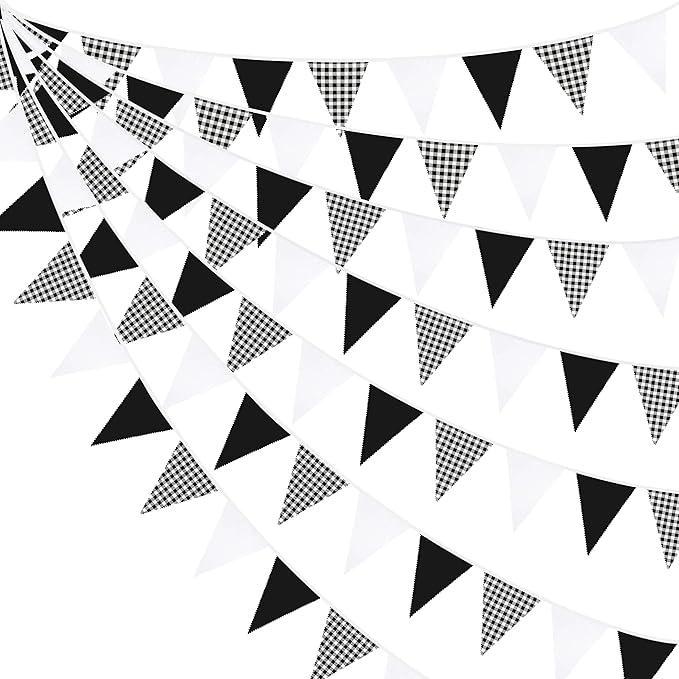 32Ft Black Party Decorations Black Buffalo Plaid Checkered White Triangle Flag by pinkblume