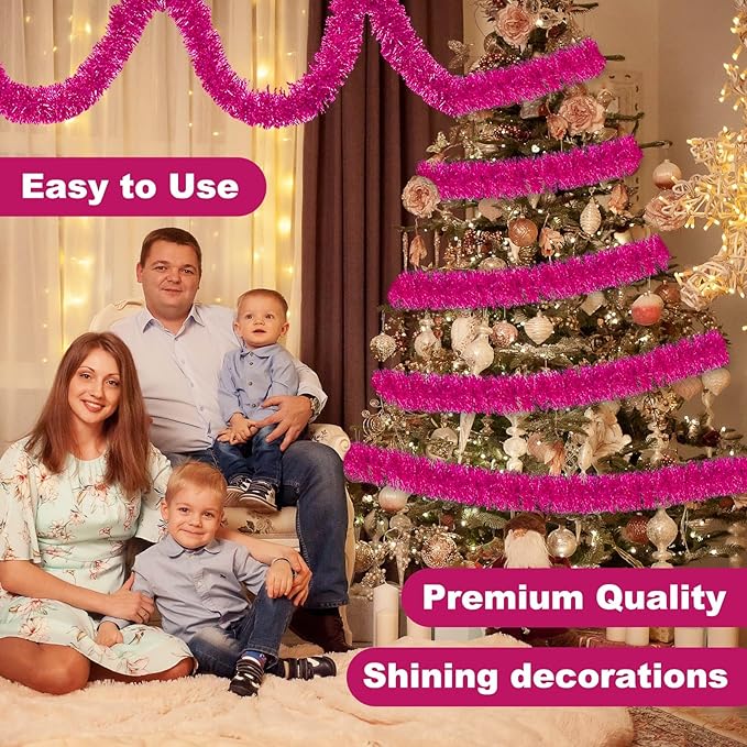 50 Feet Fuchsia Christmas Tinsel Garland, Metallic Foil Twist Banner Wall - Image 4