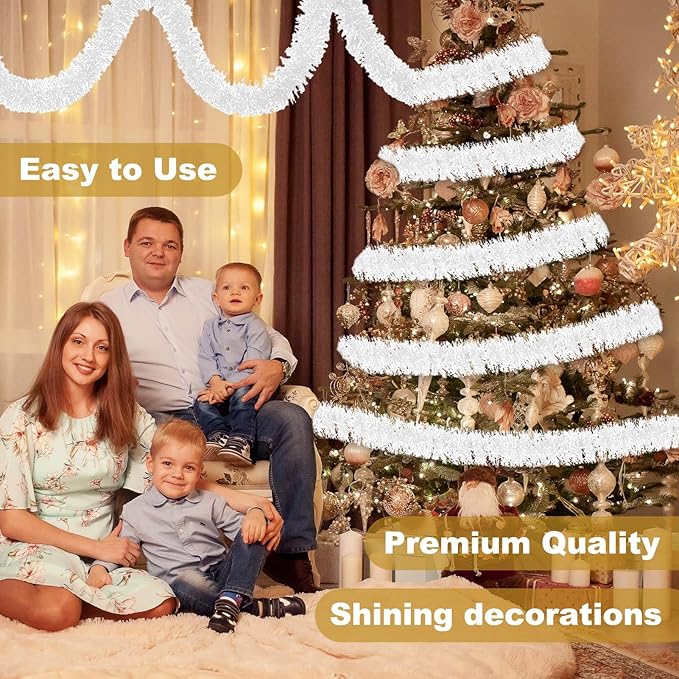 50 Feet Macaron White Christmas Tinsel Garland, Metallic Foil Twist Banner Wall - Image 4
