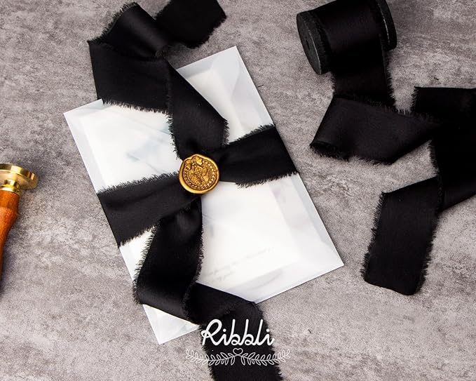 Ribbli Black Silk Satin Ribbon 1.5 Inch x 12 Yard Handmade Frayed Chiffon Ribbon - Image 3