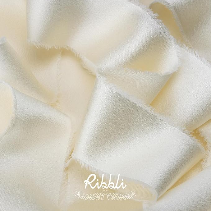 Ribbli Ivory Silk Satin Ribbon 1.5 Inch x 12 Yard Handmade Frayed Chiffon Ribbon - Image 2