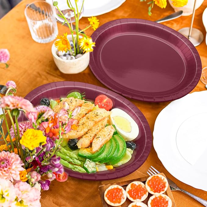 QZYL 50 Count Large Paper Plates, 12.2'' X 10.2'' Oval Wine Red Disposable - Image 5