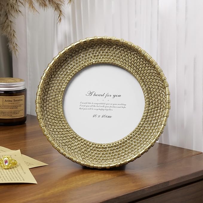 Cuspin Round Picture Frame 4x4 Vintage Gold Frames, Rattan Textured - Image 2