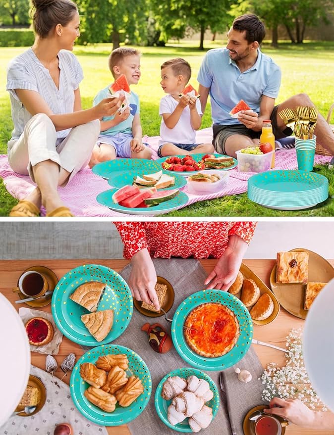 141 Pieces Blue Green and gold Party Supplies, Party Dinnerware Sets Include - Image 7