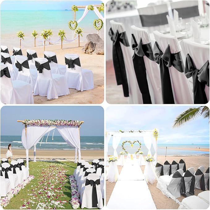10 PCS Black Satin Chair Sashes Bows Universal Chair Ribbon Ties Back Sash - Image 7