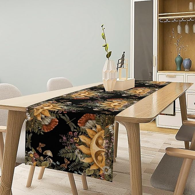 Sun Moon Table Runner, Bohomian Mushroom Daisy Table Gothic Dragonly Butterfly - Image 7