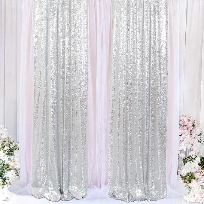 ShinyBeauty Silver Sequin Curtain Backdrop 2 Panels 4FTx8FT Photo Curtain - Image 2