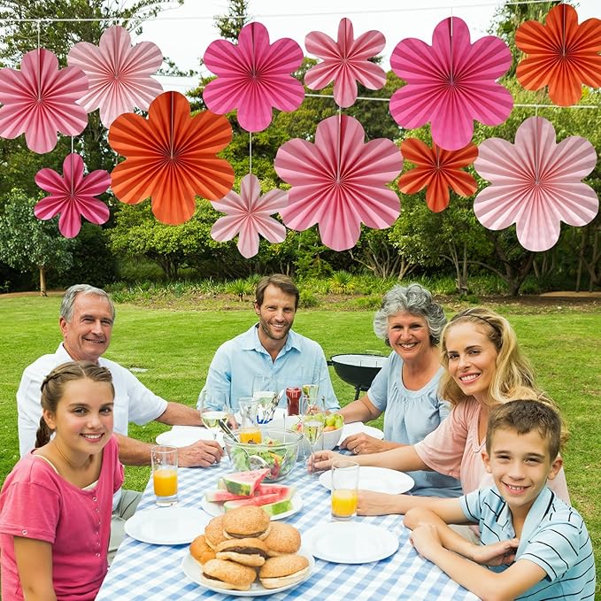 BestoFun 12 PCS Paper Flowers Fans Pink and Orange Party Decorations Paper - Image 7