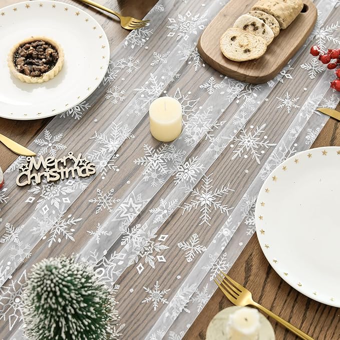 Artoid Mode Silver Snowflakes Christmas Gauze Table Runner 120 Inch 10FT - Image 4