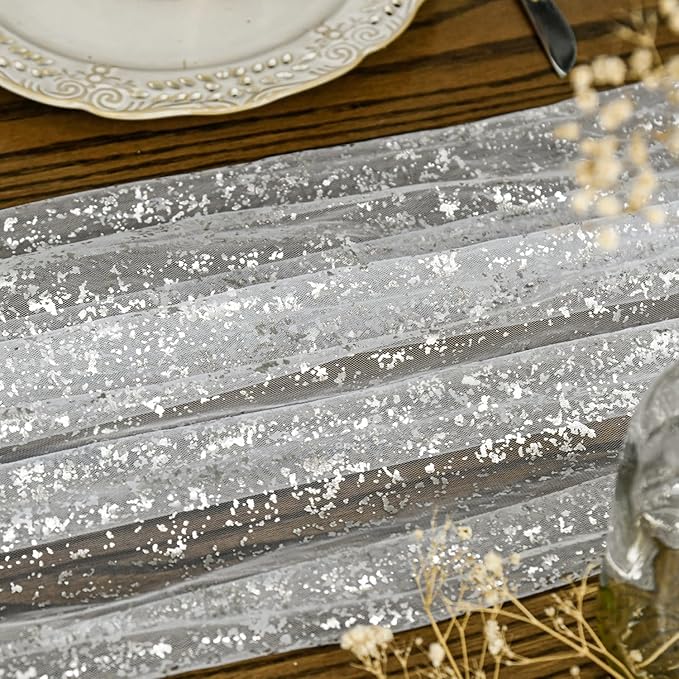 Artoid Mode 3Pcs White Silver Gauze Table Runner 120 Inch 10FT, Glitter - Image 3
