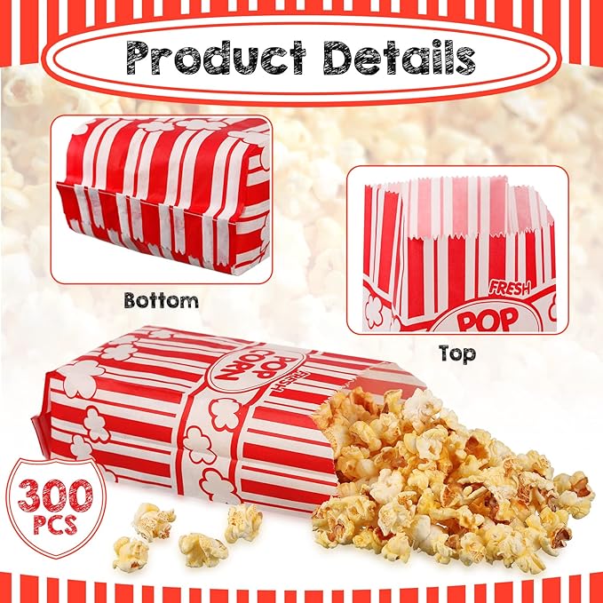 300 Pcs Popcorn Bags Paper Grease Resistant Popcorn Bags Disposable Red and - Image 3