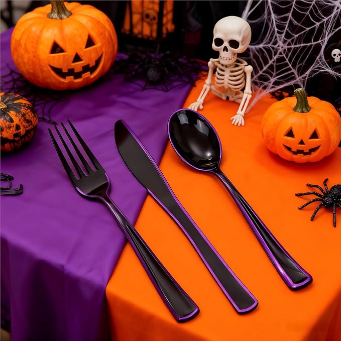 WDF 180 Pieces Black and Purple Halloween Plastic Silverware - Image 3
