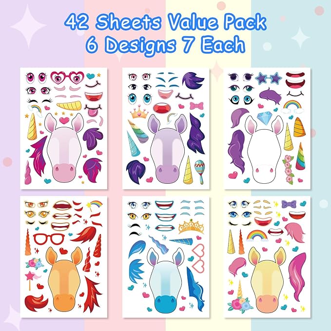 Aowplc 42 Sheets Unicorn Make‑a‑Face Stickers, Fantasy Party Favors, Crafts & - Image 2