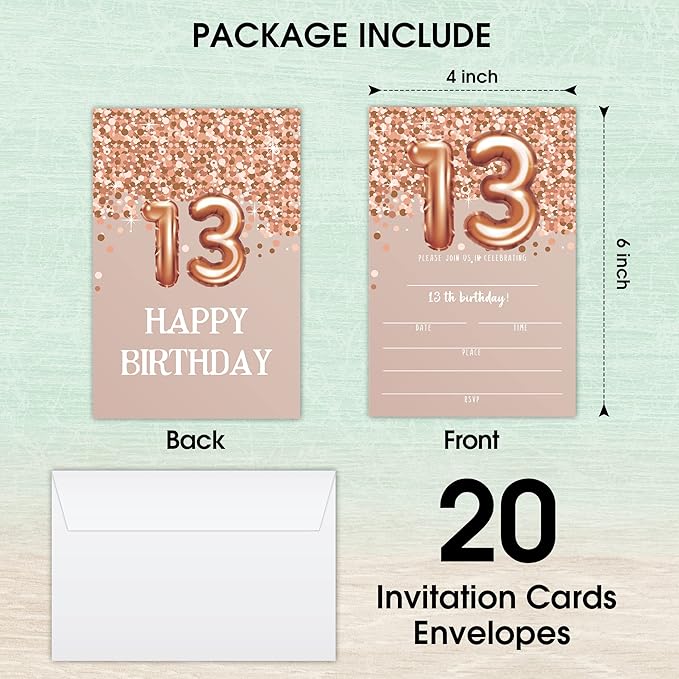 13th Birthday Invitation Cards, Rose Gold Glitter 13th Birthday Party Invites - Image 2