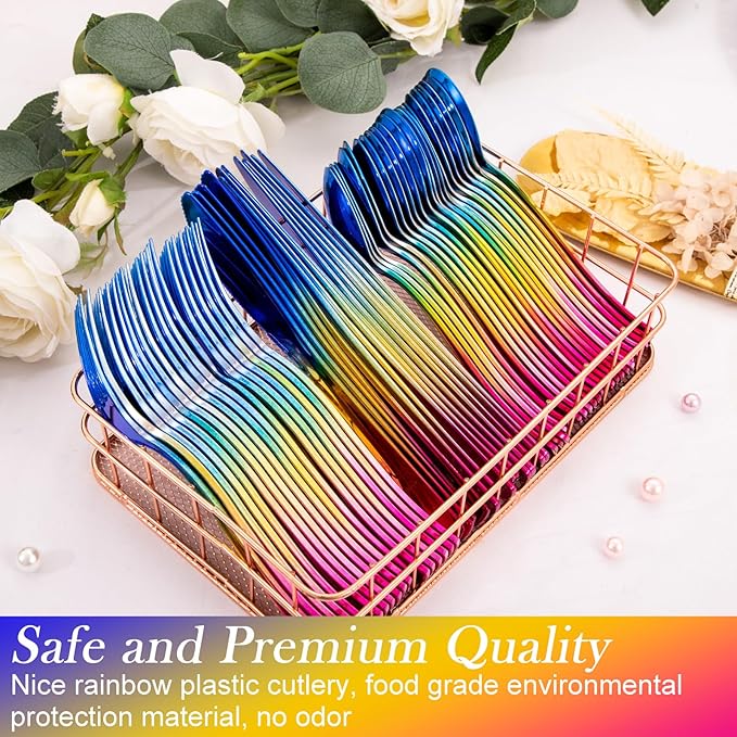 Supernal 120pcs Rainbow Plastic Silverware Set Colorful Party Utensils Blue - Image 7