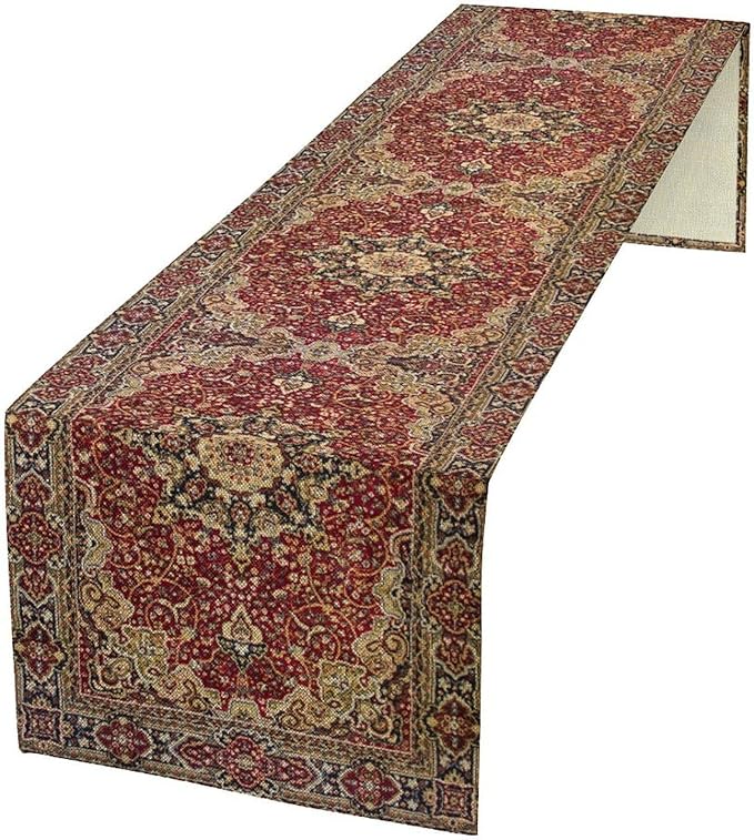 Vintage Boho Floral Table Runner, Rustic Country Farmhouse Red Gold Bohemia by Unknown