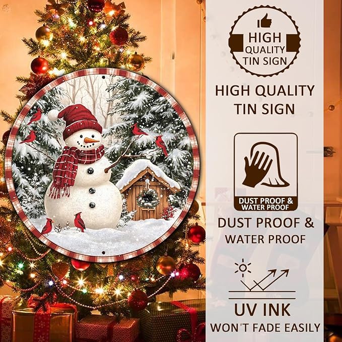 Round Christmas Metal Signs Vintage Snowman and Red Birds Tin Sign Metal Poster - Image 4
