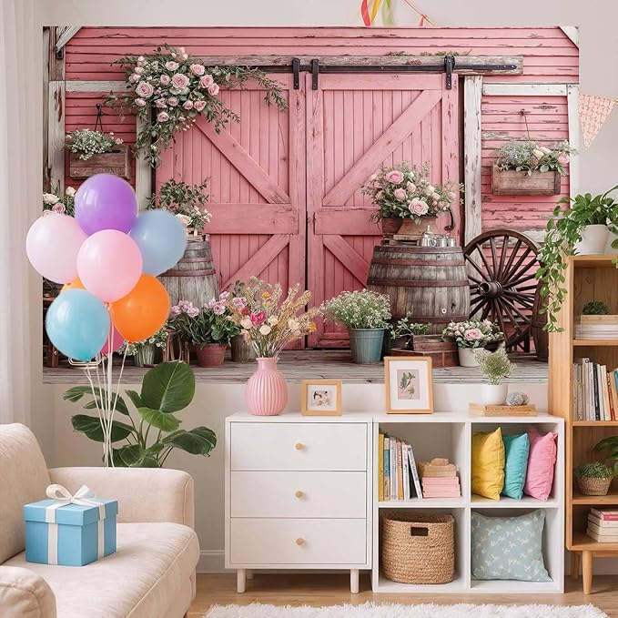 6x4ft Country Wedding Pink Photography Backdrop Rustic Wooden Barn Door - Image 3