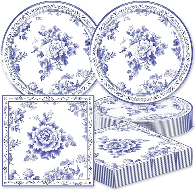 40pcs Blue and White Flower Party Decorations Disposable Blue Floral Plates and by Unknown