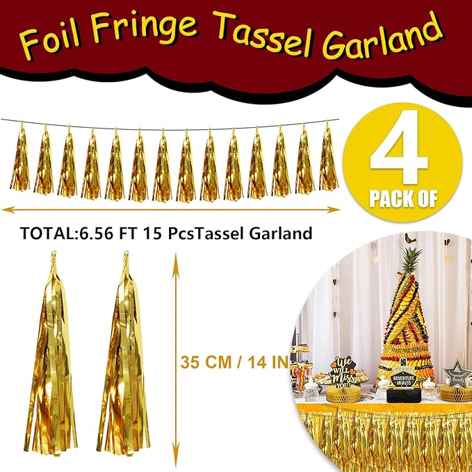 4P Gold Foil Fringe Tassel Banner Garland Metallic Tinsel Streamers Wall - Image 2