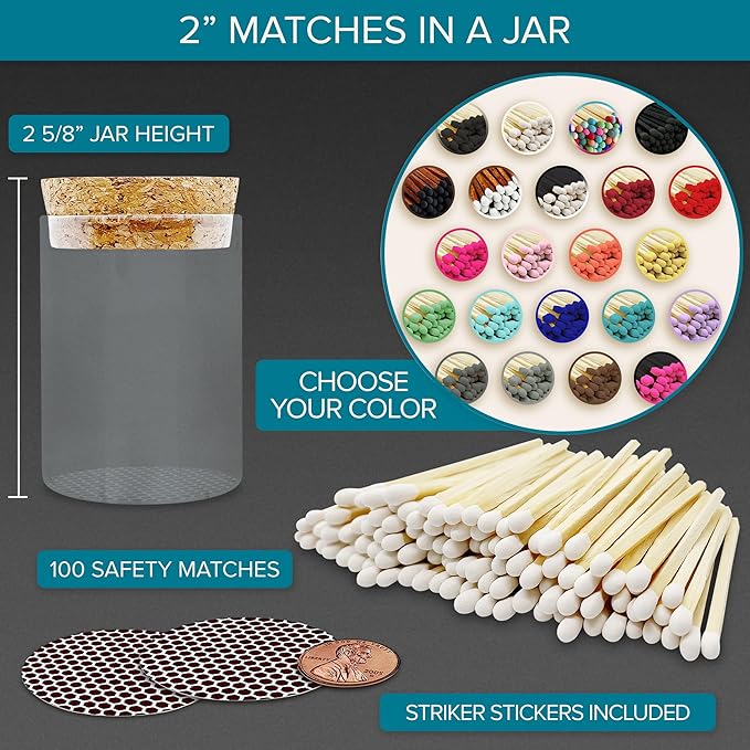2" Matches in a Chic Jar + Striker Stickers Included | 100 Matchsticks in The - Image 2