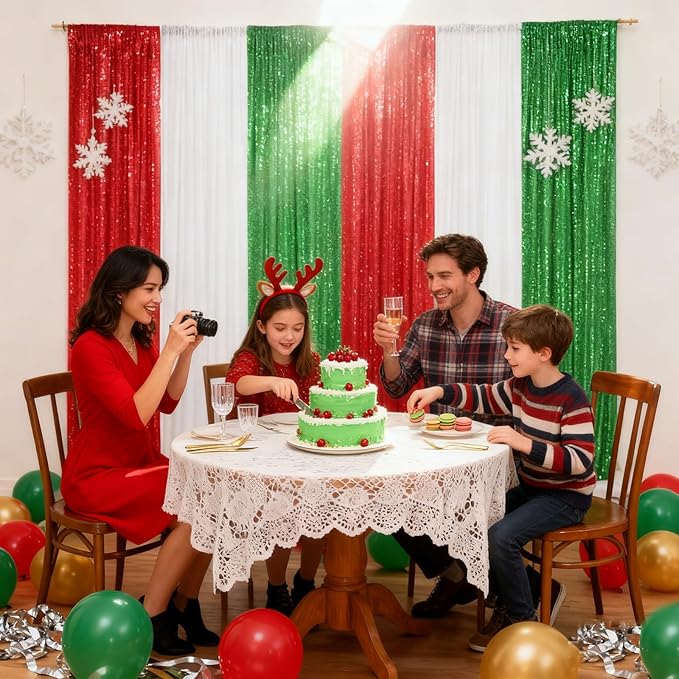 Sequin Curtains Christmas Backdrop 3 Panels Sequin Fabric 2FTx8FT Green - Image 2