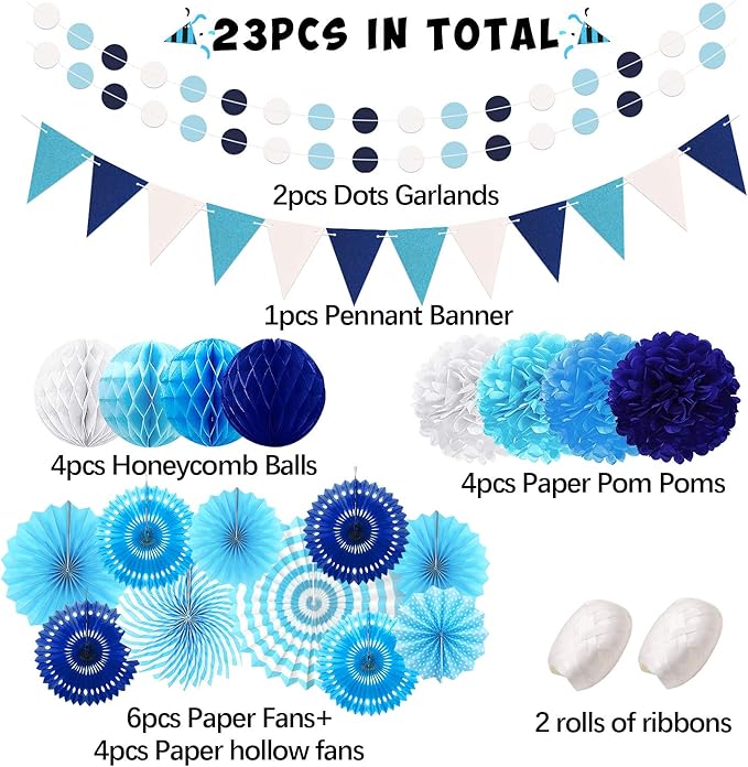 Navy-Light Blue Party Decorations, Pom Poms Flowers - Image 2