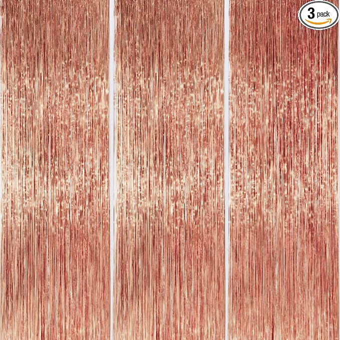 PartyWoo Rose Gold Curtains Backdrop Streamers 3pcs 8.2ft Rose Gold Foil Fringe by PartyWoo