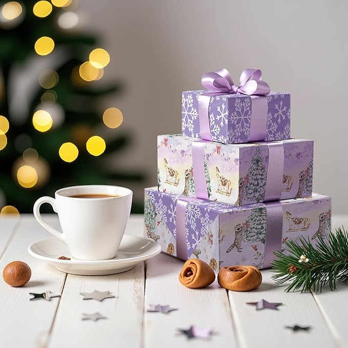 LeZakaa Christmas Reversible Wrapping Paper Roll, Watercolor Winter Forest - Image 4
