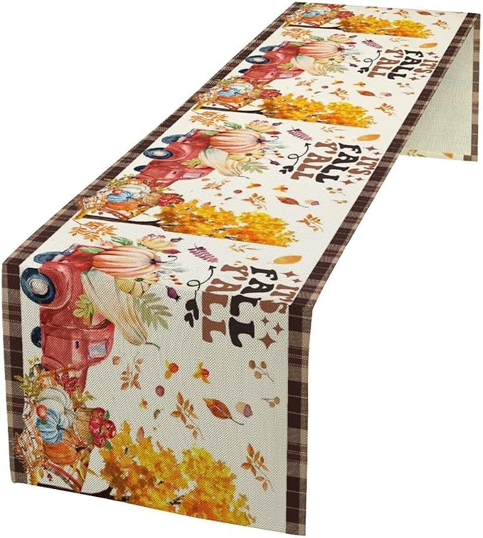 Fall Pumpkin Table Runner, Rustic Maple Yellow Leaf Trees Truncks Brown Plaid by Kurtect